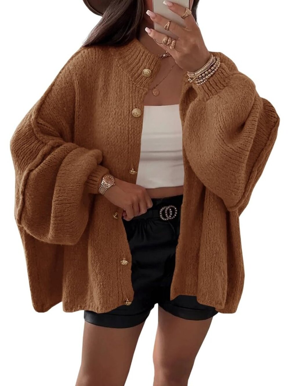 Women's Brown Lantern Sleeve Button Down Casual Chunky Knit Cardigan Sweater